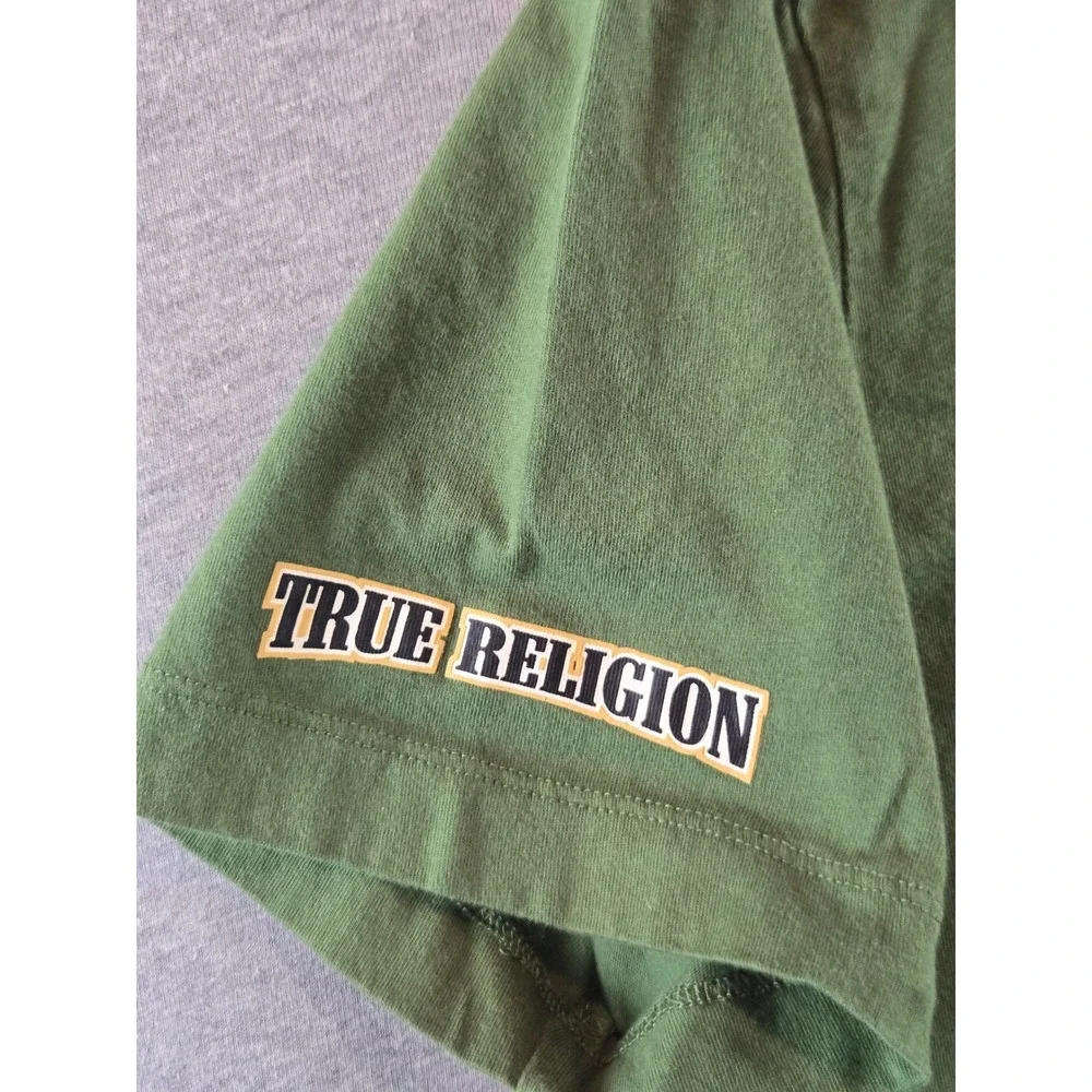 True Religion Graphic T-Shirt Mens L Green Buddha Horseshoe Logo Short Sleeve